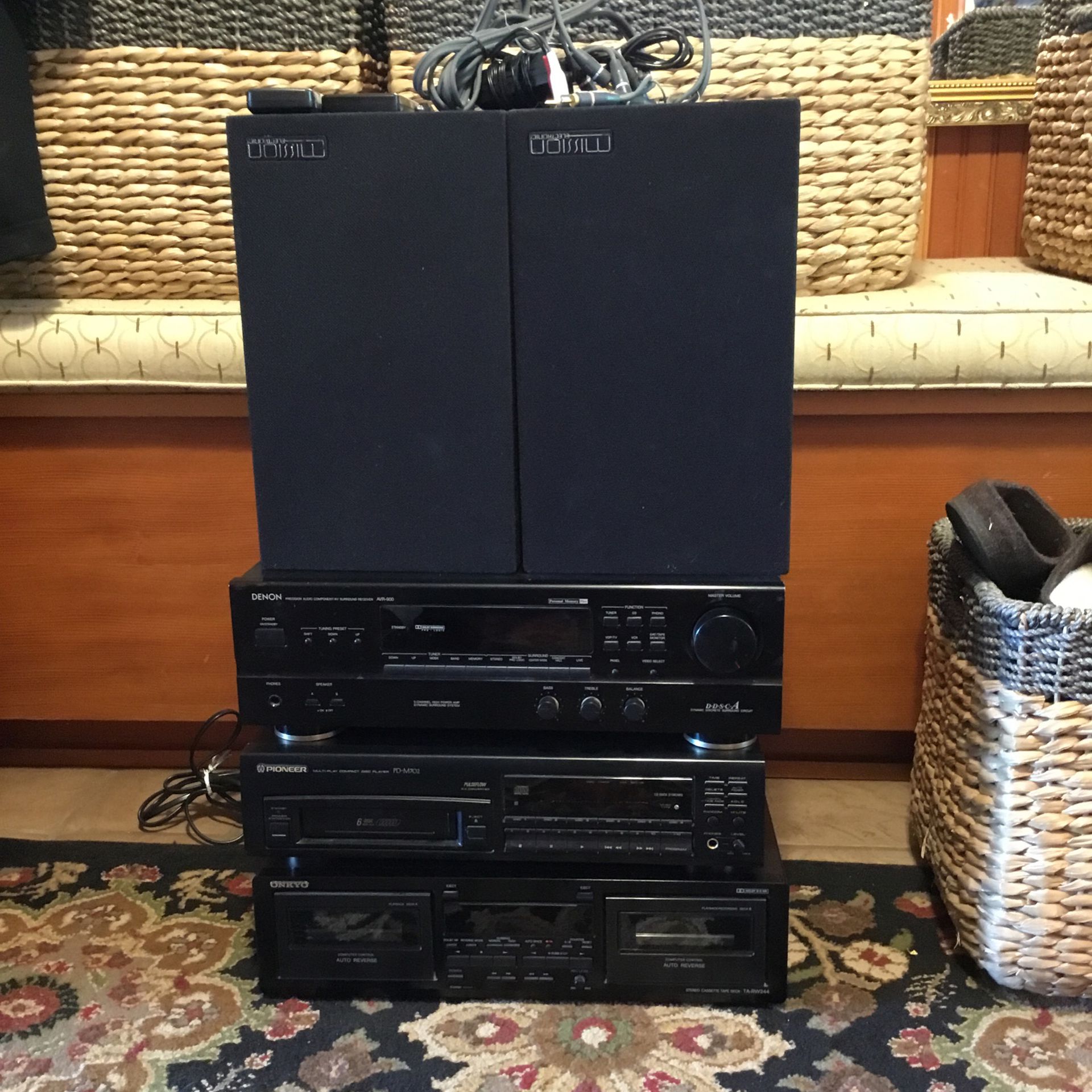 Stereo System-Denon Receiver, Onkyo Dual Cassette Player, Pioneer Compact Disc Player, 2 Mission Electronic Speakers