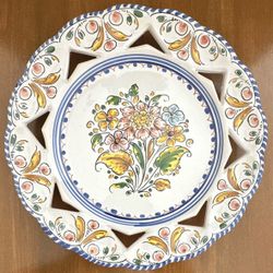Gonfer Hand Painted Floral Cutout Rim Ceramic 10” Round Decorative Plate