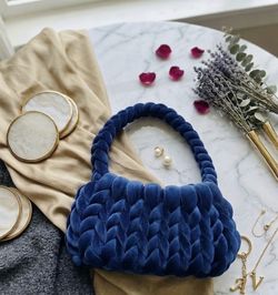 Blue Velvet Woven Handbag