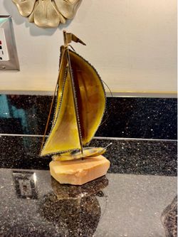 Vintage Sailboat Sculpture Amber Brass Sail on Onyx Base Signed by John DeMott