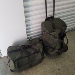 (2) Polo Ralph Lauren Army Green Canvas Duffel Bag / Rolling Suitcase w/ Leather Straps + Accents