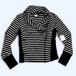 NWT! Caslon Large Size 1 Black and White Striped Ribbed Knit Zip Cotton Jacket