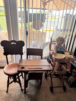 High chair, doll, baby dishes, school desk, piano stool with claw feet (marble)
