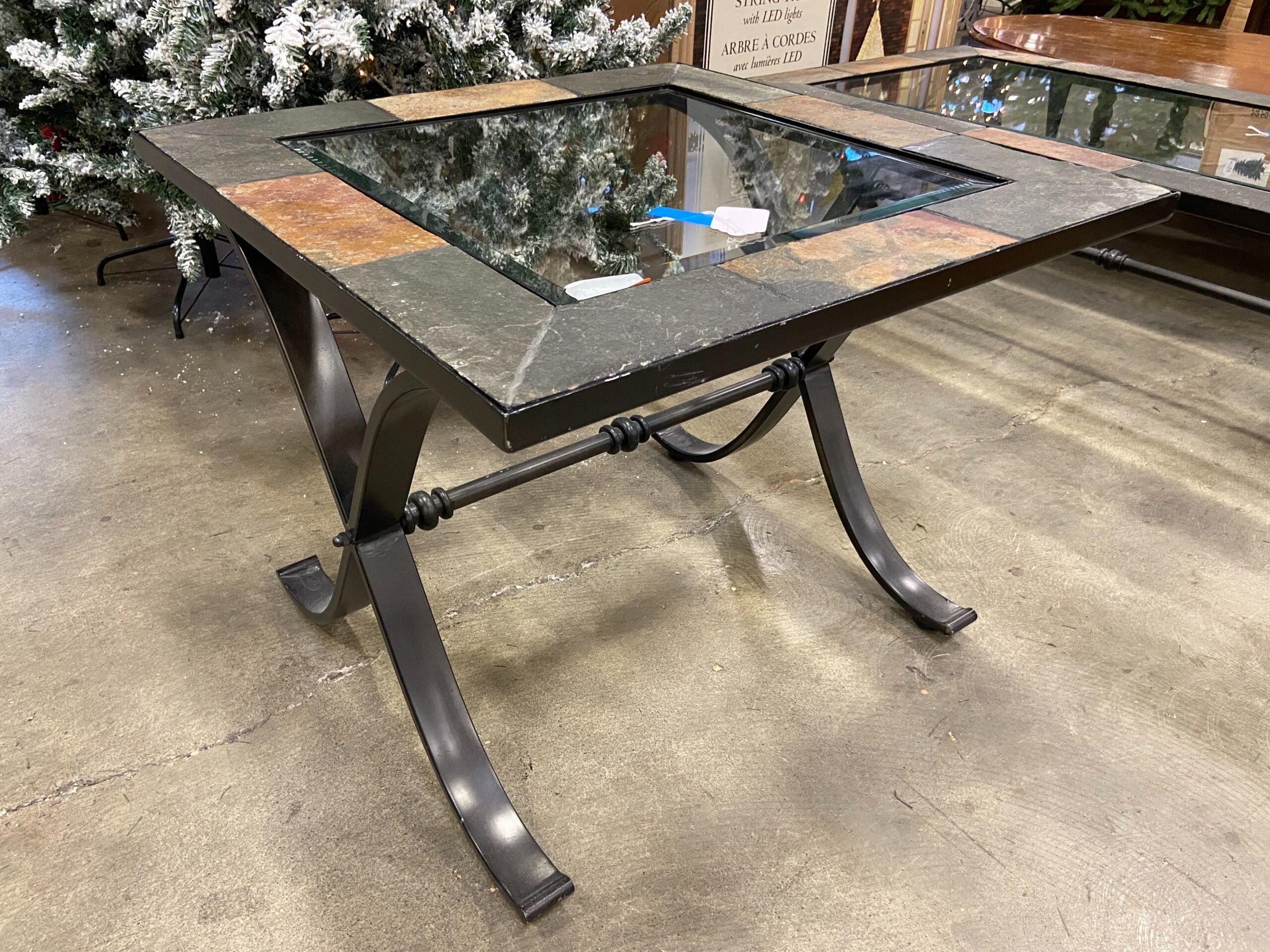Industrial Style End Table with Glass Top and Mosaic Stone Border