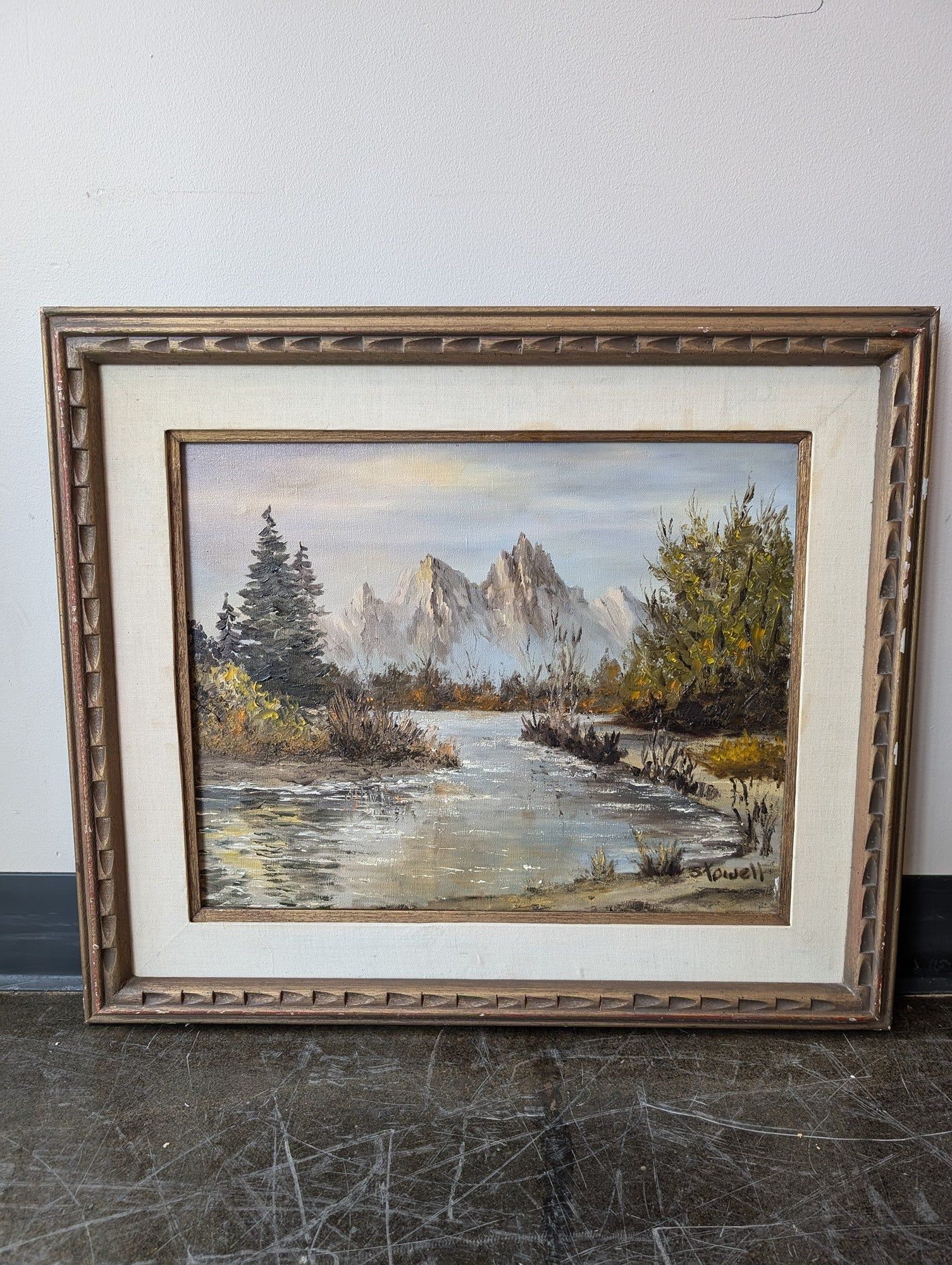 Stowell Signed Vintage Mountain River Landscape Oil Painting