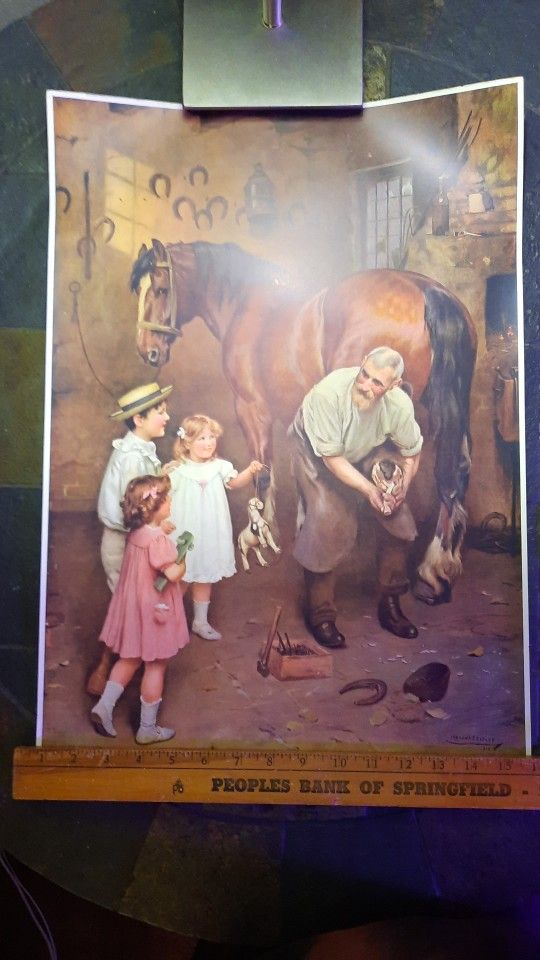 Victorian Lithograph Print Man and Kids Horse Shoeing No Frame 