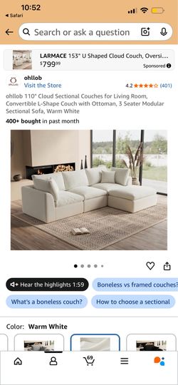 ohllob 110" Cloud Sectional Couches for Living Room, Convertible L-Shape Couch with Ottoman, 3 Seater Modular Sectional Sota, Warm White