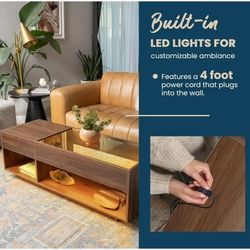 Coffee Table with LED Light and Power Outlet, Modern Glass Table Top with Storage Shelf, Center Table for Living Room with Drawer 