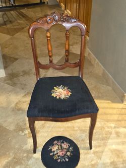 Antique Mahogany Needlework Mid 19th Century Chair & Foot Stool