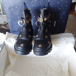 Gucci Calfskin Bee Star Embroidered Belt Ankle Boots