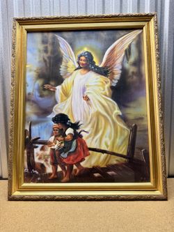 Vintage 1999 Guardian Angel Framed Art Print Gold Frame 32x26