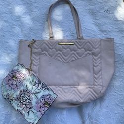pale pink betsey johnsom heart stitched tote bag with chain attached wallet- USED 