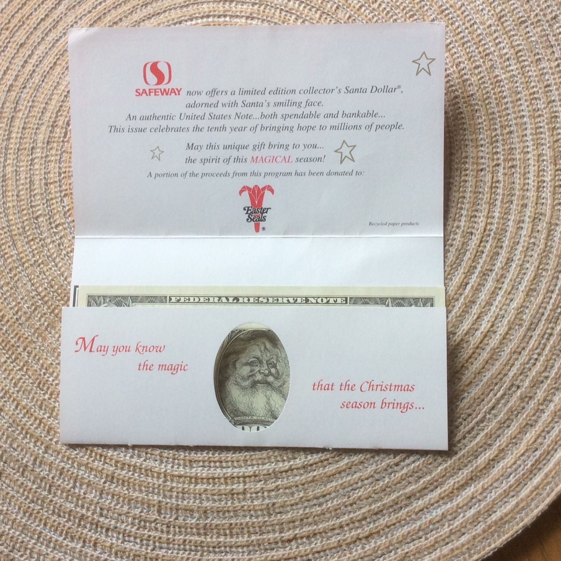 Safeway Santa Claus $1 1986 Legal Certificate Easter Seals Mint Condition