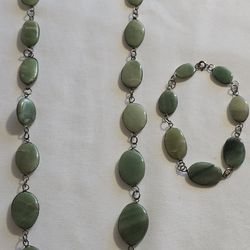 Vtg. 22" Necklace & 8" Bracelet light green stone Aventurine/ Jade Art Deco looking Rare Find!