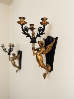 Vintage Gold & Black Winged Mermaid Wall Sconces – Pair – Hollywood Regency Style