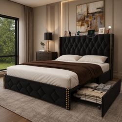 Full size bed frame upholstered velvet with storage drawers