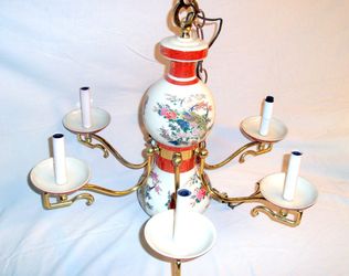 Asian Porcelain Brass Six Light Hanging Pendant Lamp