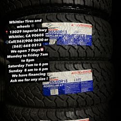 SET OF NEW TIRES 265/60R18 ATLANDER AT , INCLUDING MOUNTING AND BALANCING. ASK ME FOR ANY SIZE OR BRAND, WE HAVE THE BEST PRICES OF CALIFORNIA