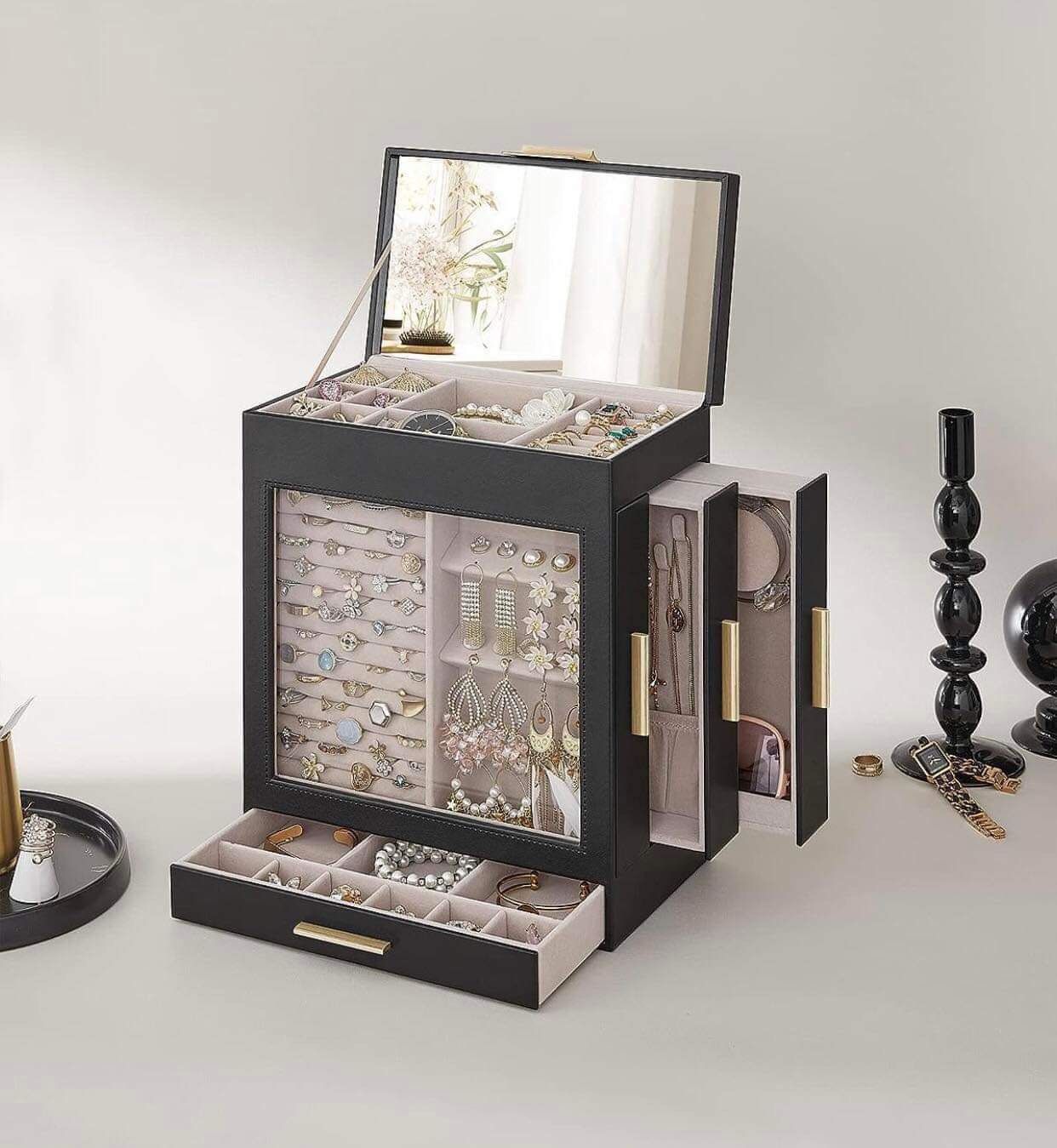 Jewelry Box with Glass Window, 5-Layer Jewelry Organizer with 3 Side Drawers, Jewelry Storage，Graphite Black and Gold