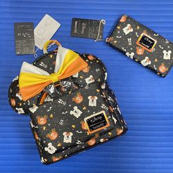 Loungefly Disney Halloween Mickey and Minnie Spooky Mice Bundle - includes: Mini Backpack with straps to attach Ears/Headband also included and Matchi