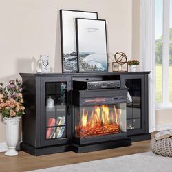 3-Sided Glass Fireplace TV Stand for TVs up to 65'', Media Entertainment Center Console Table with Door Closed Storage