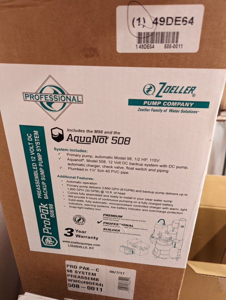 Aquanot 508-11 Primary And Backup Sump Pump System Brand New!!