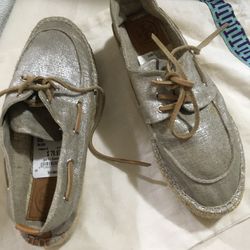 Tory Burch  Taupe Metallic Canvas Blanton  shoes