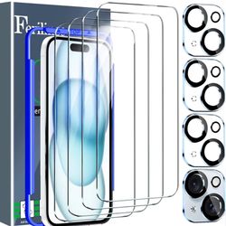 Ferilinso 4 Pack Screen Protector for iPhone 15 with 4 Pack Tempered Glass Camera Lens Protector Phone Case Friendly HD Accessories Protector de Panta