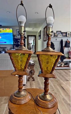 Set of 2 Vintage Mid-Century Amber Glass & Wood Lantern Table Lamps