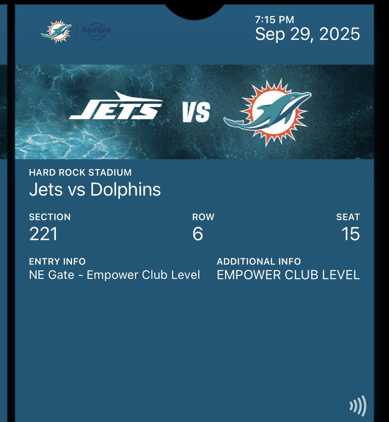 New York Jets V Miami Dolphins Club Seats! Row 6