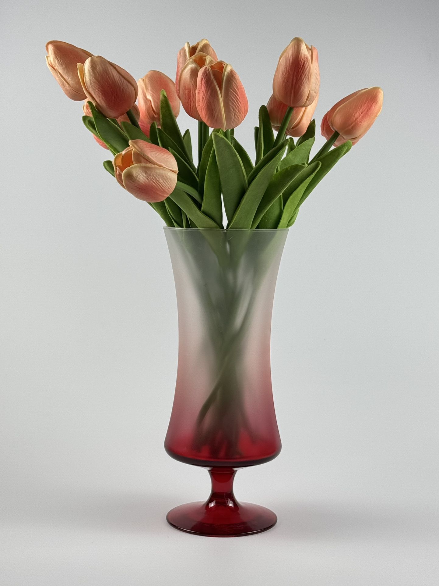 Vintage Frosted Glass Cranberry Red to White Ombré Pedestal Vase / Hurricane Candle Holder 9.5” H