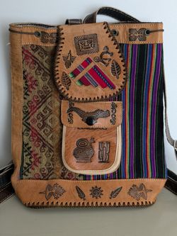 Peruvian Women's Leather/Fabric Boho Backpack Bag Andean Pattern Handmade. Stitching & Embroidery.