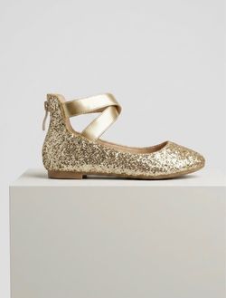 Gold Glitter Ballet Flats with Ankle Straps