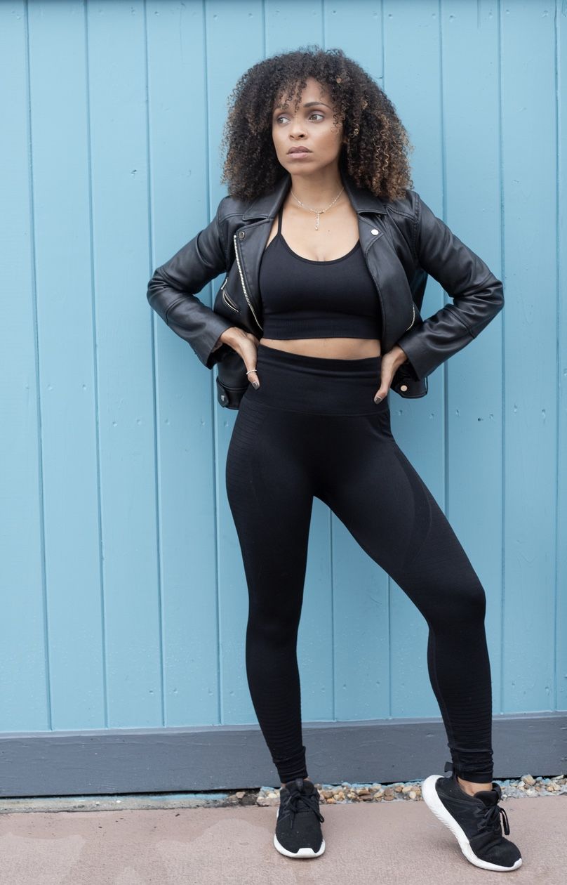 M- Women's High Waisted Tummy Control Leggings and Strappy Sports Bra