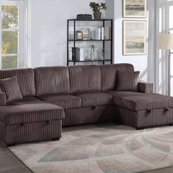CHOCOLATE CORDUROY CONVERTIBLE SECTIONAL SOFA 