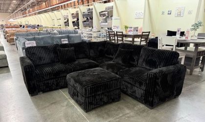 Black Ribbed Fabric Sectional Sofa with Ottoman