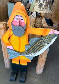 Handmade Wood Fisherman Holding Striped Bass