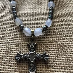 Handmade Beaded Sterling Cross Pendant 15 Inch Necklace With Agate And Gray/Blue Pearls