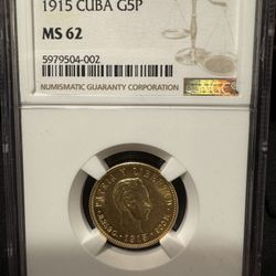1915 Cuban Gold 5 Pesos NGC MS 62