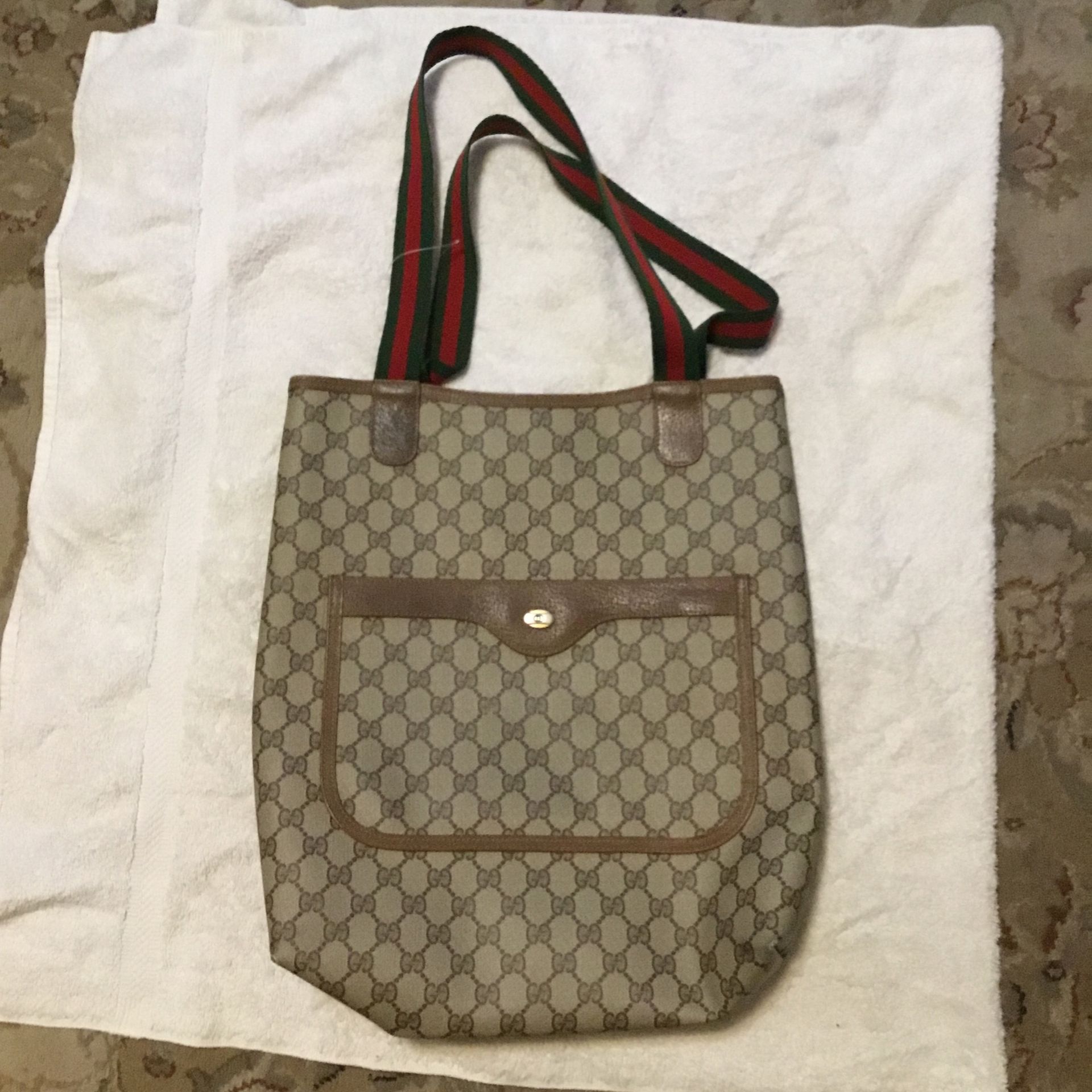 GUCCI Sherry Line Tote Shoulder Bag PVC Leather Brown GG Logo Gold Hardware