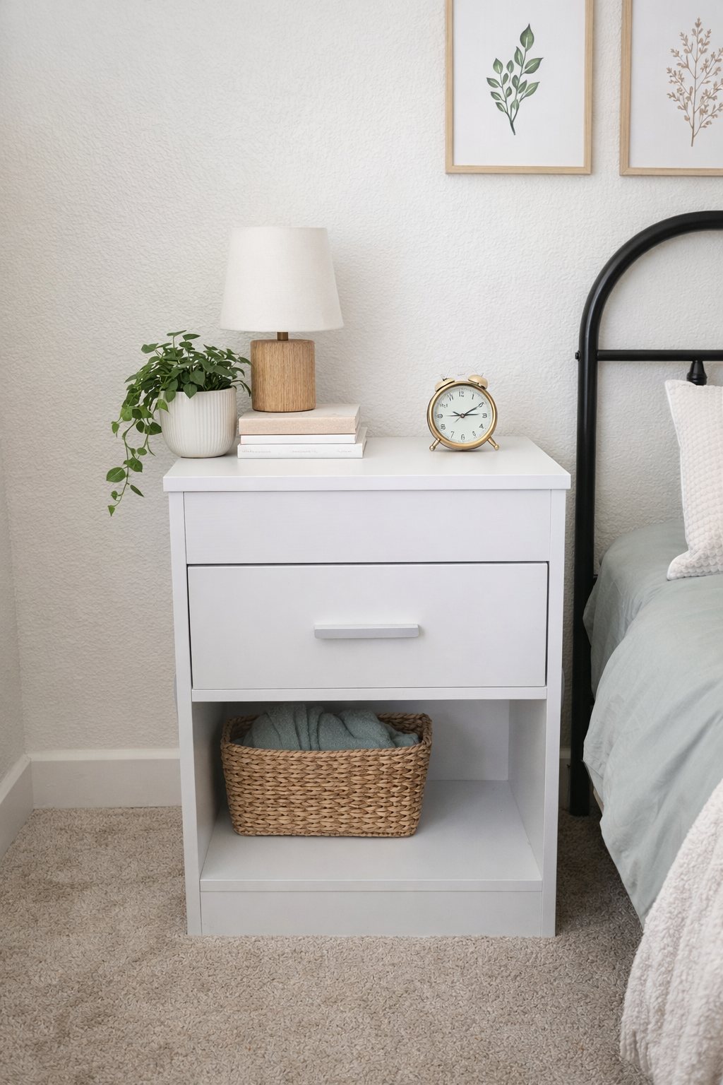 2 white nightstand/ end tables with drawer, shelf, charging station, and led lights