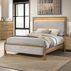 Natural Wood LED Headboard Bed Frame Cama Recamara Venta Furniture Sale Muebles