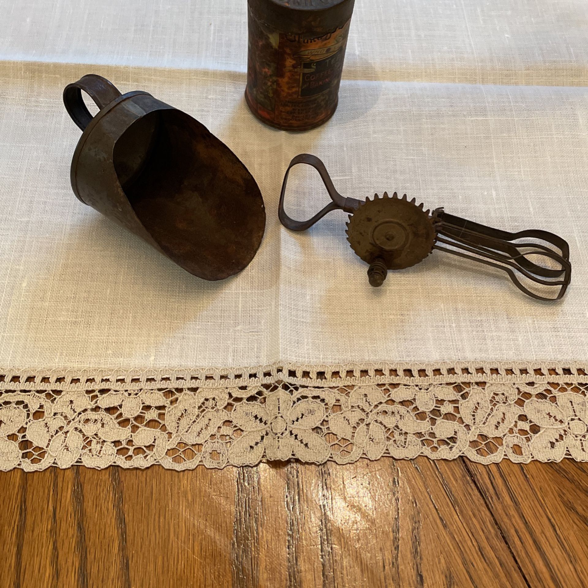 Antique Tin Kitchen Toys And Spice Can