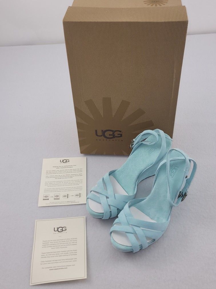 UGG 1772 Leather Ankle Strap Teal Wedge 4" Platform Shoes Sandals Women's 5