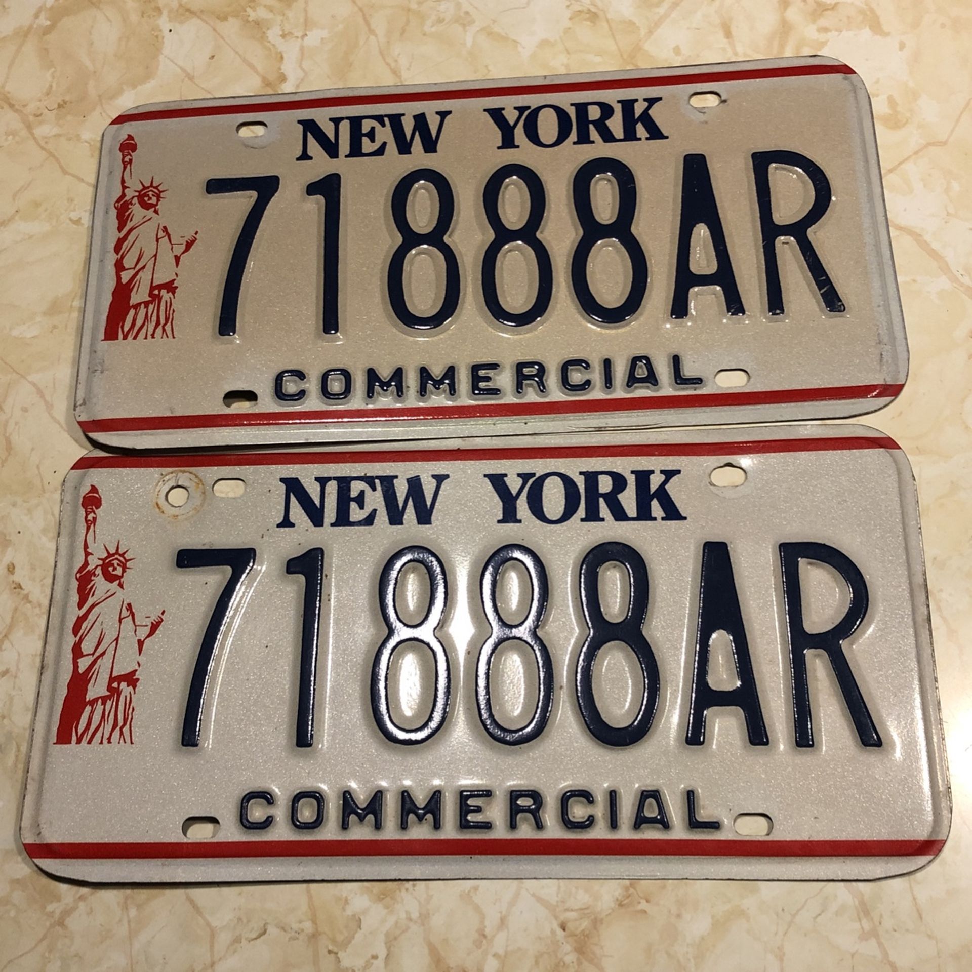 Vintage New York State Commercial License Plate Set White Liberty Plate No. 71888AR