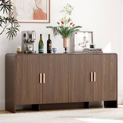 60" Sideboard Buffet Cabinet with Storage, Curved Design Farmhouse Coffee Bar Cabinet with 4 Doors & Adjustable Shelves for Living Room, Kitchen, Hall