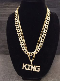 Bling Combo Set/KING Swarovski Glass Crystal Necklace and Hip Hop Iced Out Full Pave Gold CZ Necklace