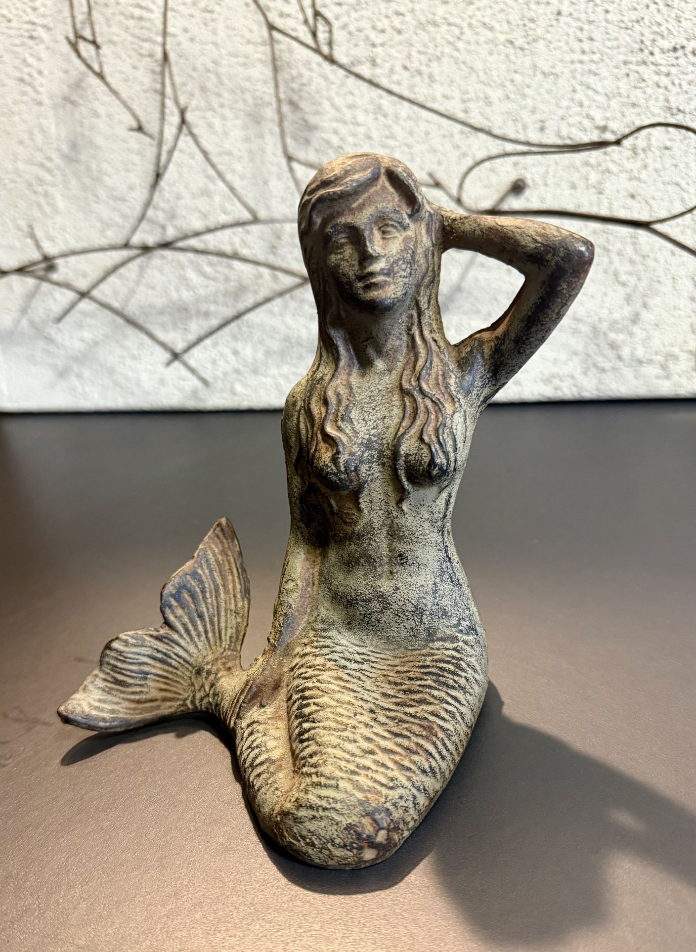 Cast Iron Verdigris Green Sitting Posed Mermaid Statue 7" Nautical Garden Decor