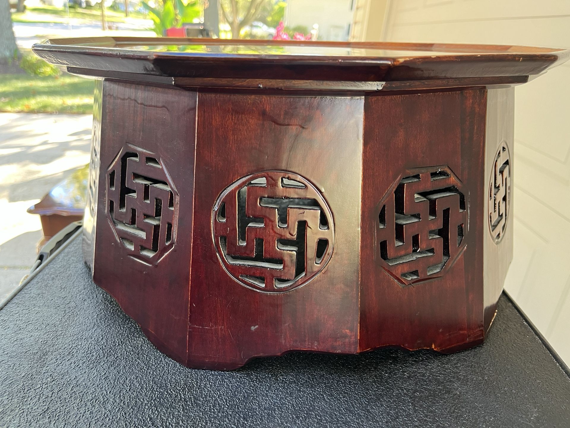 Vintage Asian Japanese Rosewood, hexagon low table display stand for beautiful Chinese vase urn 17.5” x 8” high Please watch video and if you see this