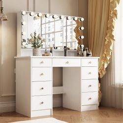 Large Makeup Vanity with Glass Top,  Vanity Desk with Mirror and Bulb Lights, Modern Dressing Table with 9 Drawers & Hidden Shelves for Bedroom, White